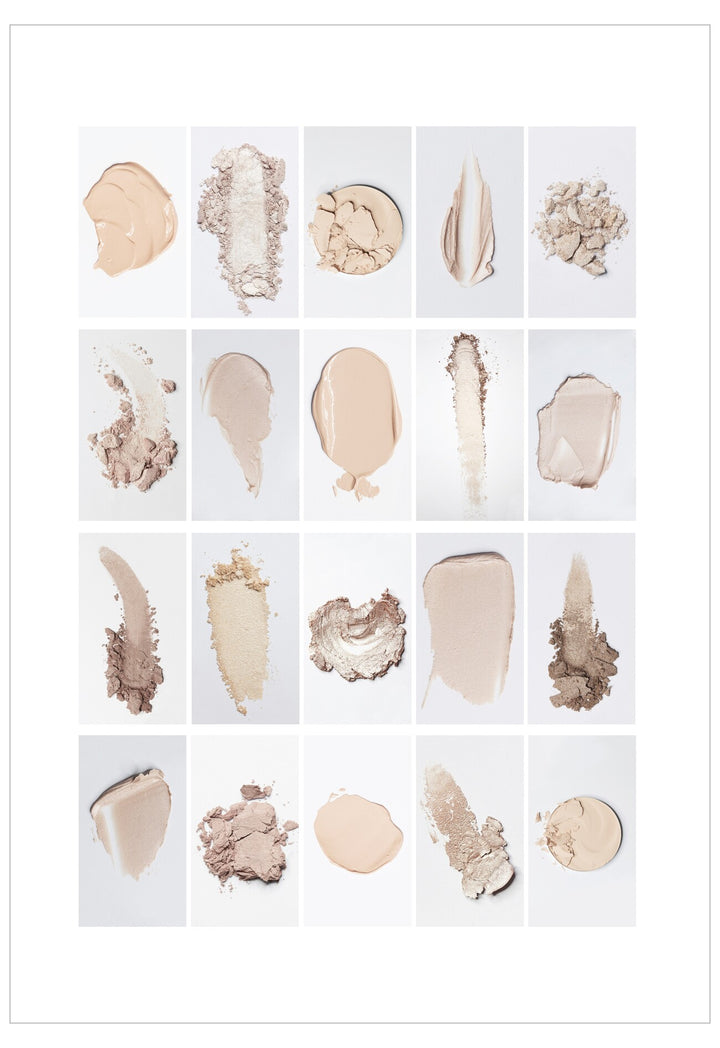 Collection of beige and brown makeup swatches on a white background