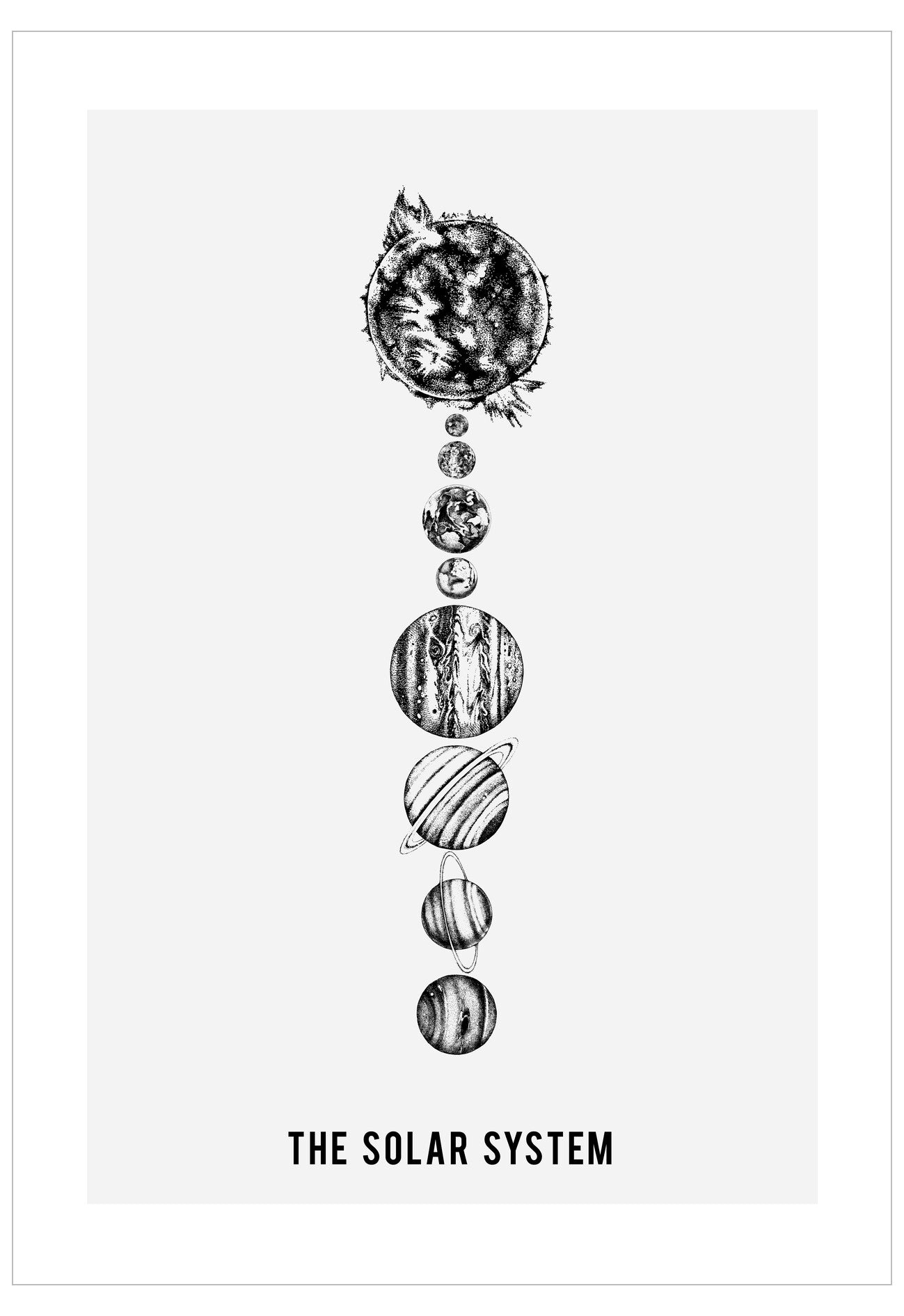 Black and white illustration of the solar system on a white background