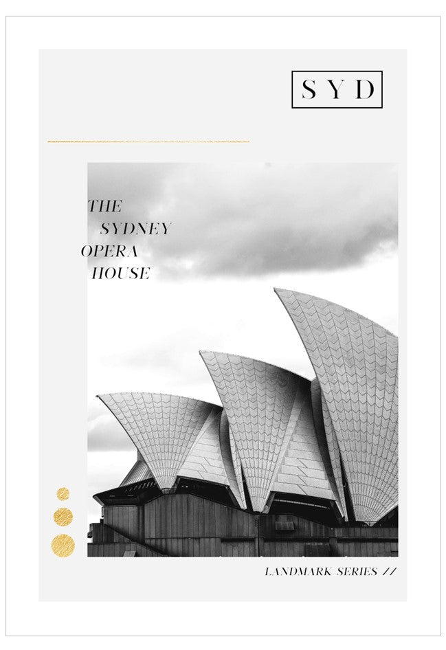 Black and white image of the Sydney Opera House with 'SYD' and 'Landmark Series' text.
