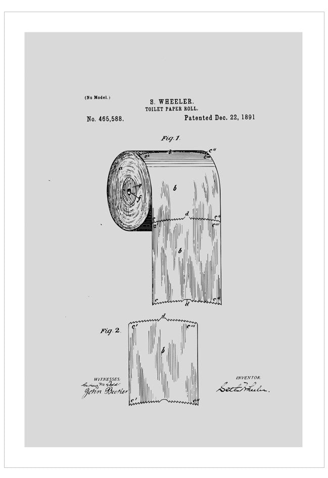 Black and white illustration of a toilet paper roll patent design on a light gray background