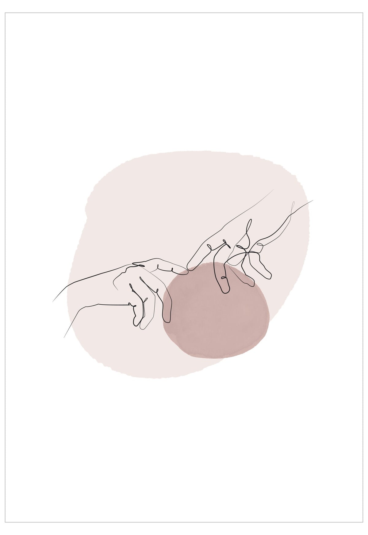 Minimalist illustration of two hands reaching towards each other with a soft pink background