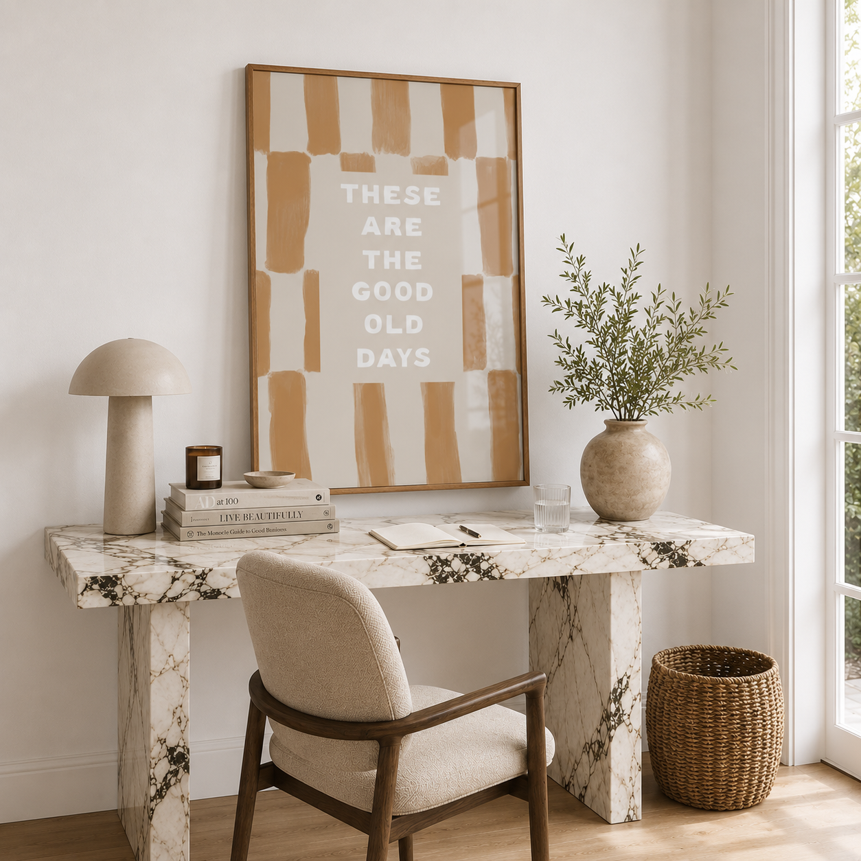Modern interior with marble desk, chair, and decorative items.