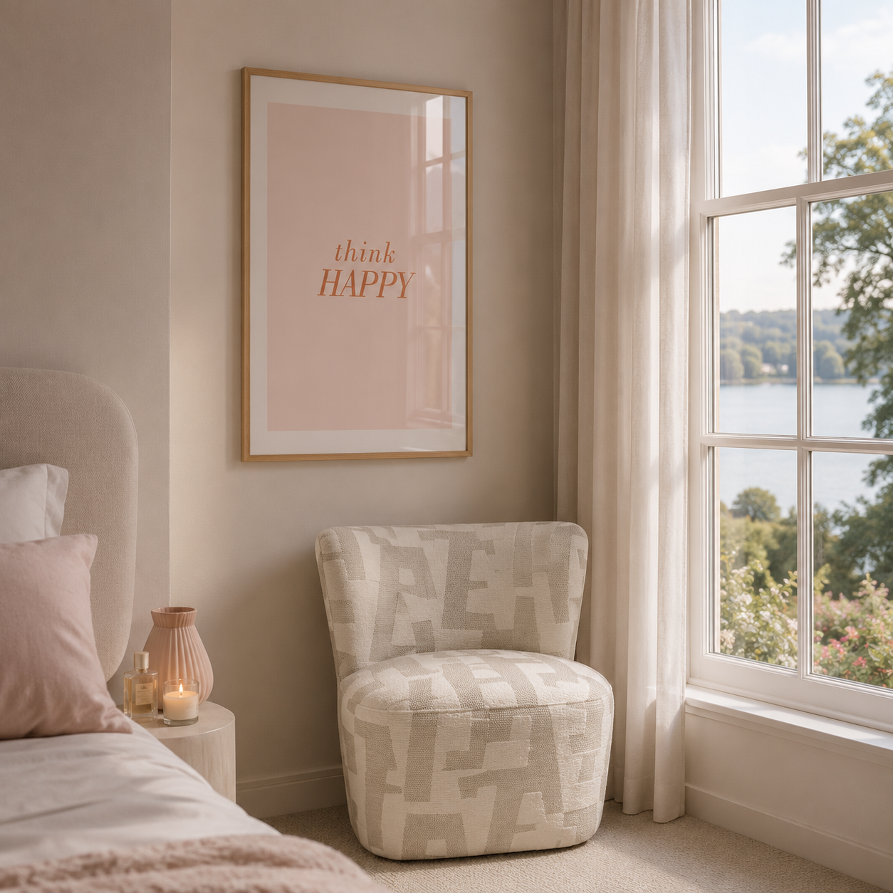 A framed wall art print with the words 'think HAPPY' in orange lettering on a pale pink background, hanging in a softly lit bedroom above the Keiichi Stratford Swivel patterned chair by Shropshire Design next to a window with a lake view.