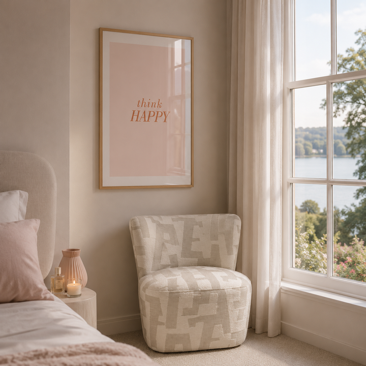 A framed wall art print with the words 'think HAPPY' in orange lettering on a pale pink background, hanging in a softly lit bedroom above the Keiichi Stratford Swivel patterned chair by Shropshire Design next to a window with a lake view.