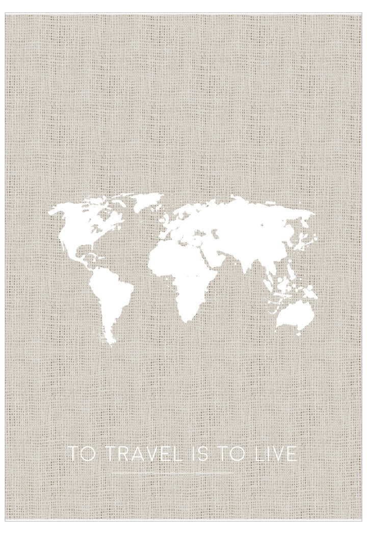 World map in white on a textured beige background with 'To travel is to live' text.