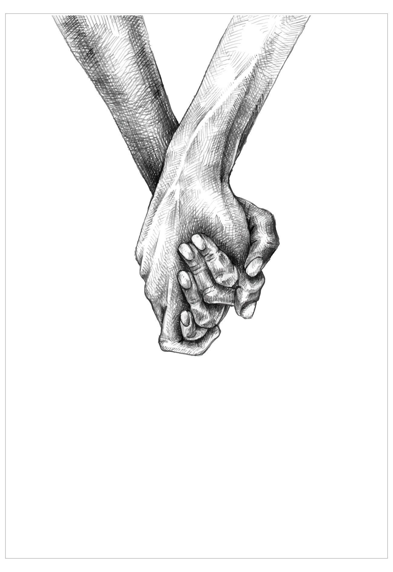 Detailed black and white illustration of two hands holding each other on a white background