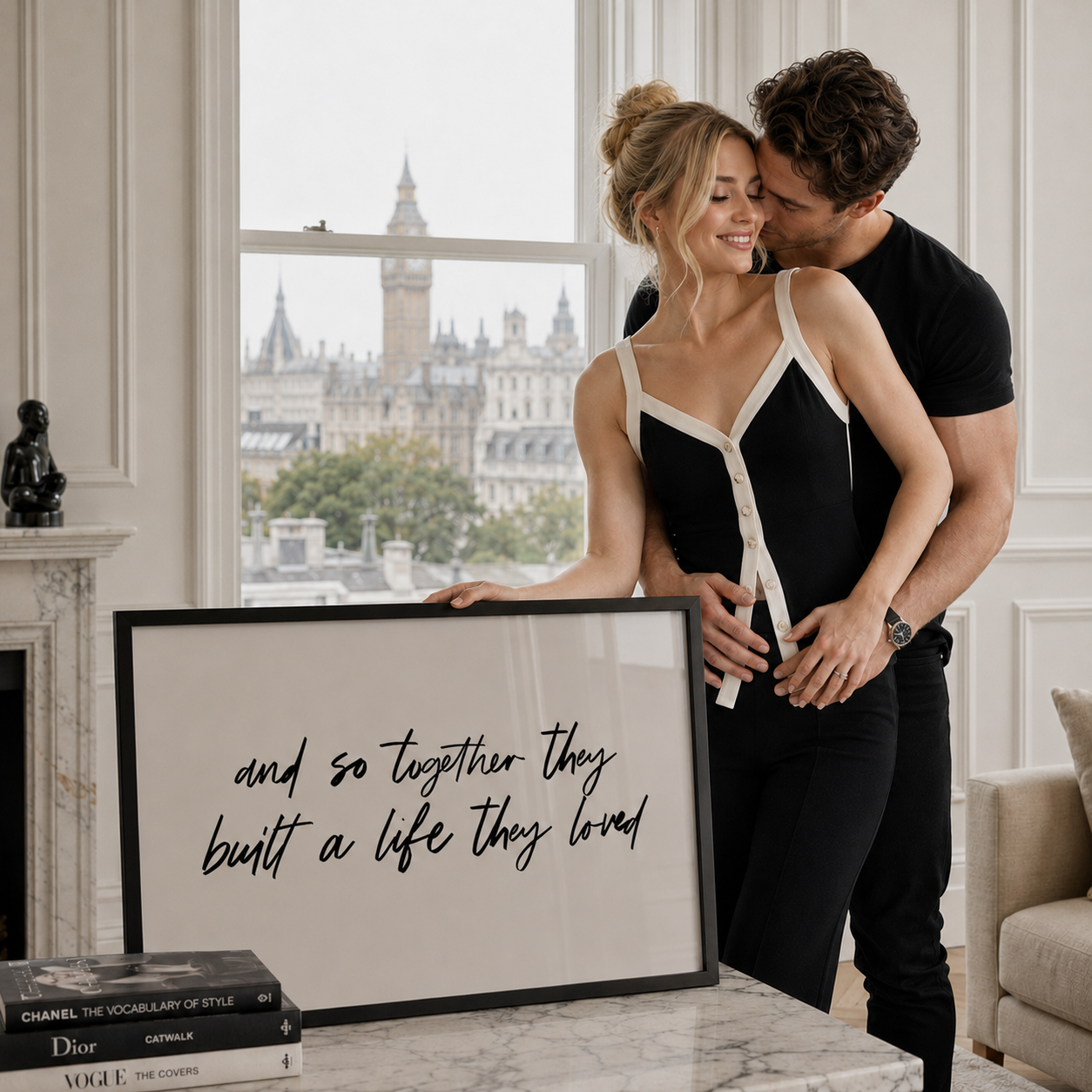 Couple embracing in a stylish room with a framed quote and cityscape view.