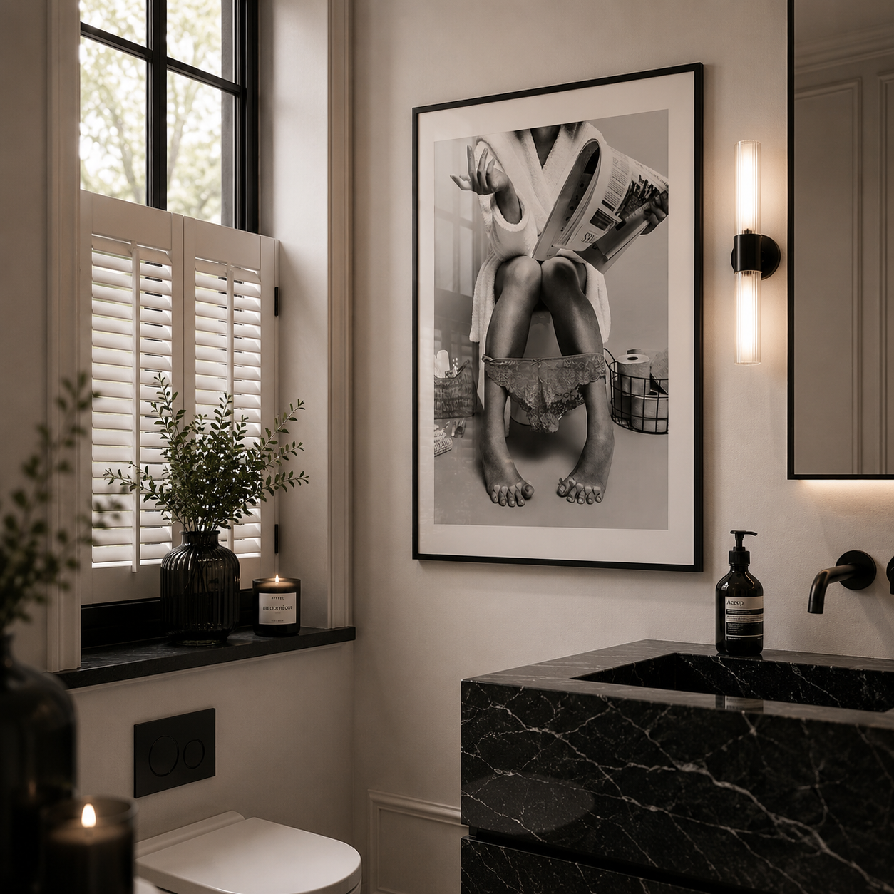 Photography poster of woman sitting on the toilet in a luxury bathroom