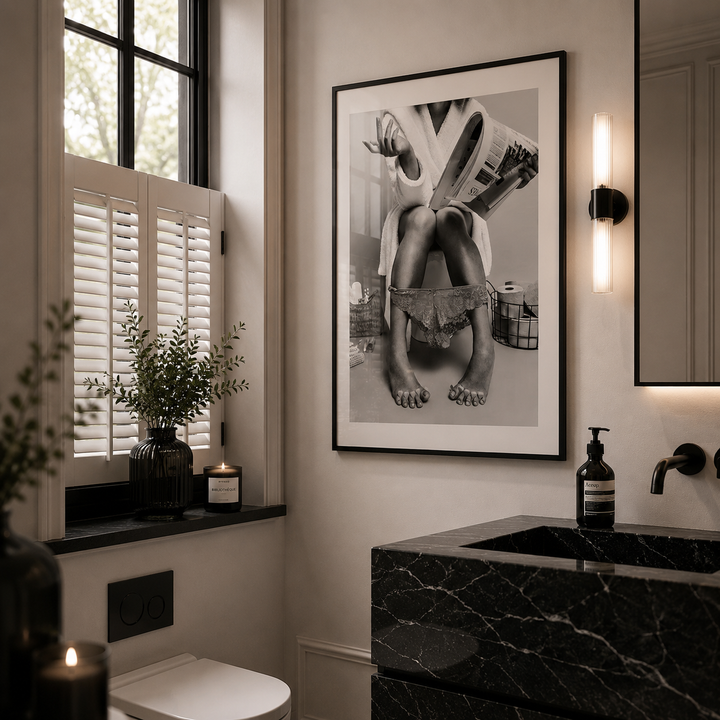 Photography poster of woman sitting on the toilet in a luxury bathroom
