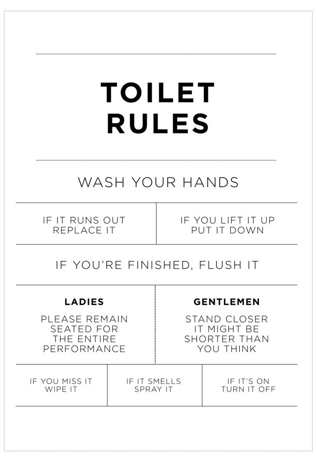 Humorous bathroom rules poster with black text on a white background