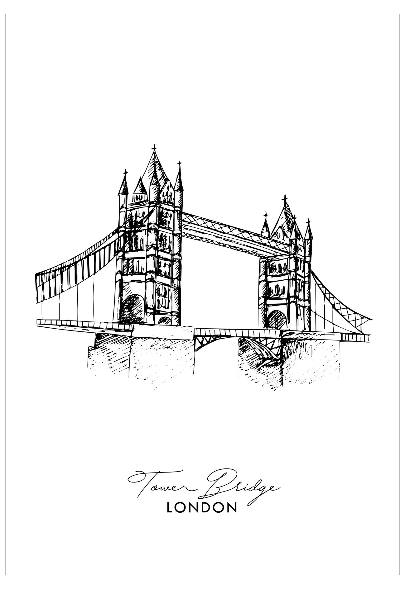 Black and white line drawing of Tower Bridge with 'Tower Bridge London' text below.
