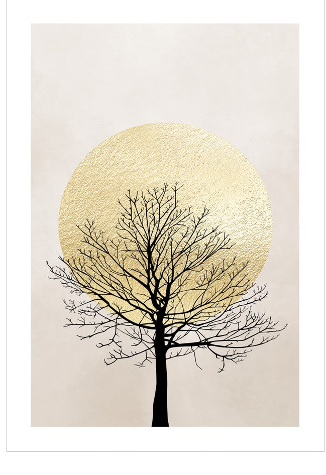 Black tree silhouette against a textured beige circle