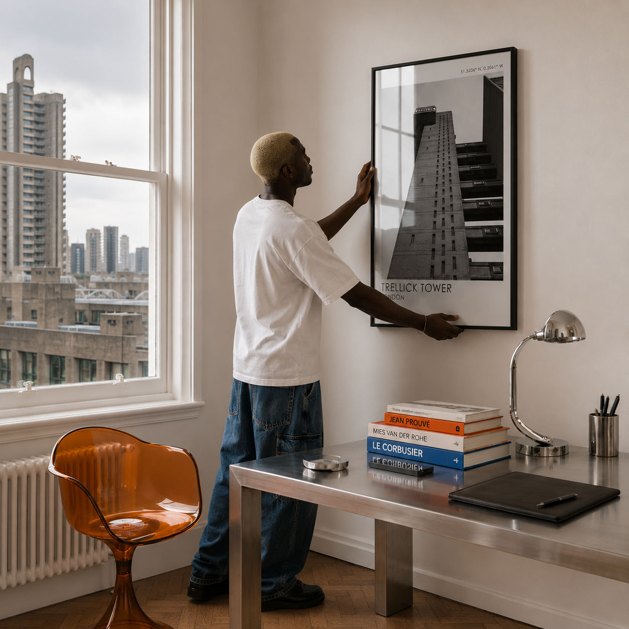 Person hanging a framed picture on a wall in a room with a London city view.