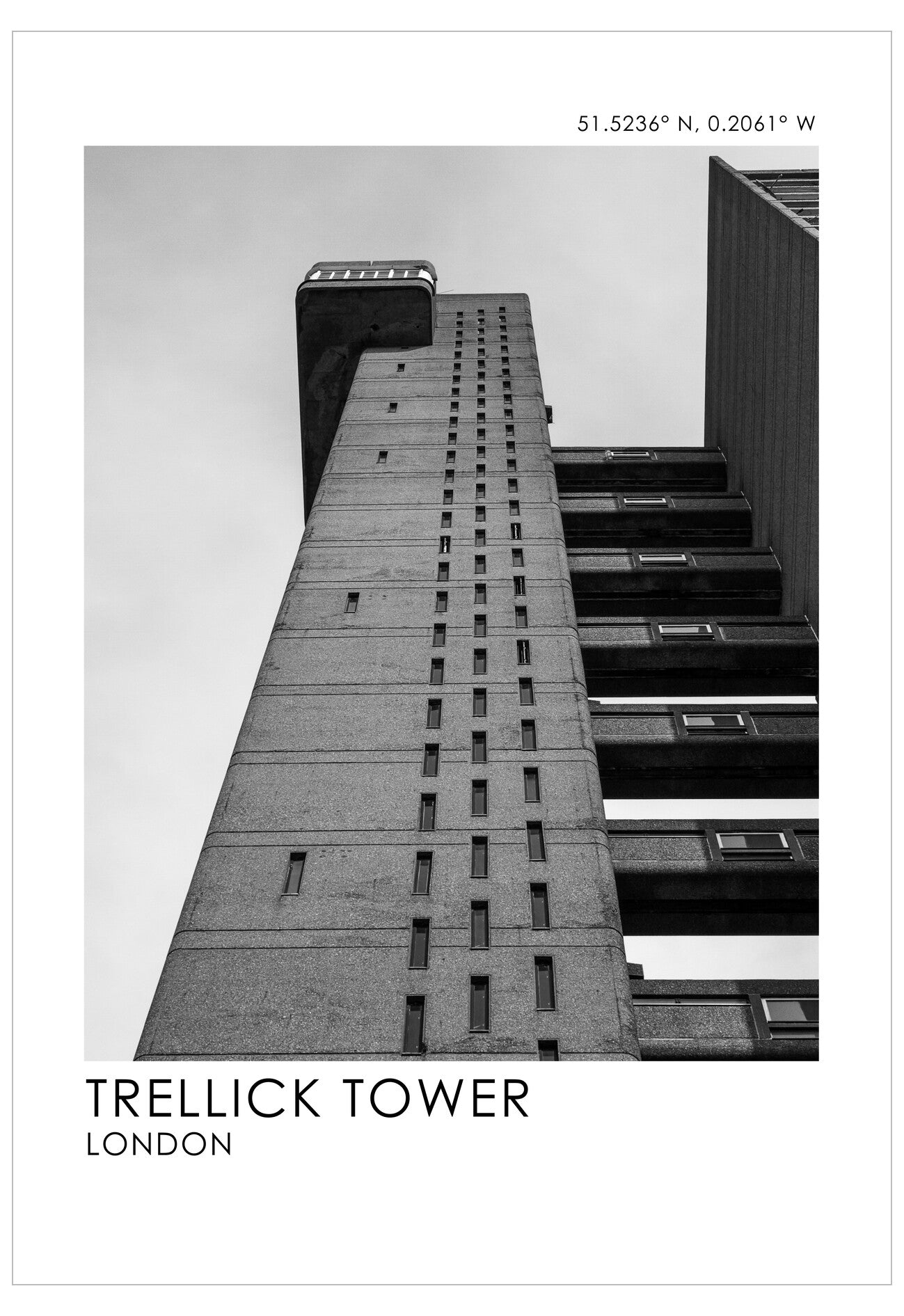Black and white image of Trellick Tower in London with coordinates at the top.