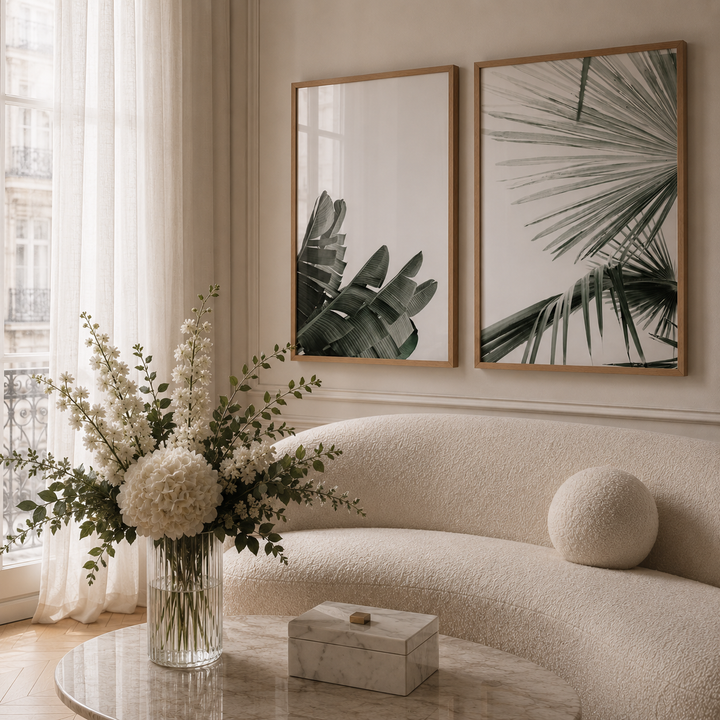 two green tropical posters in a luxury living room