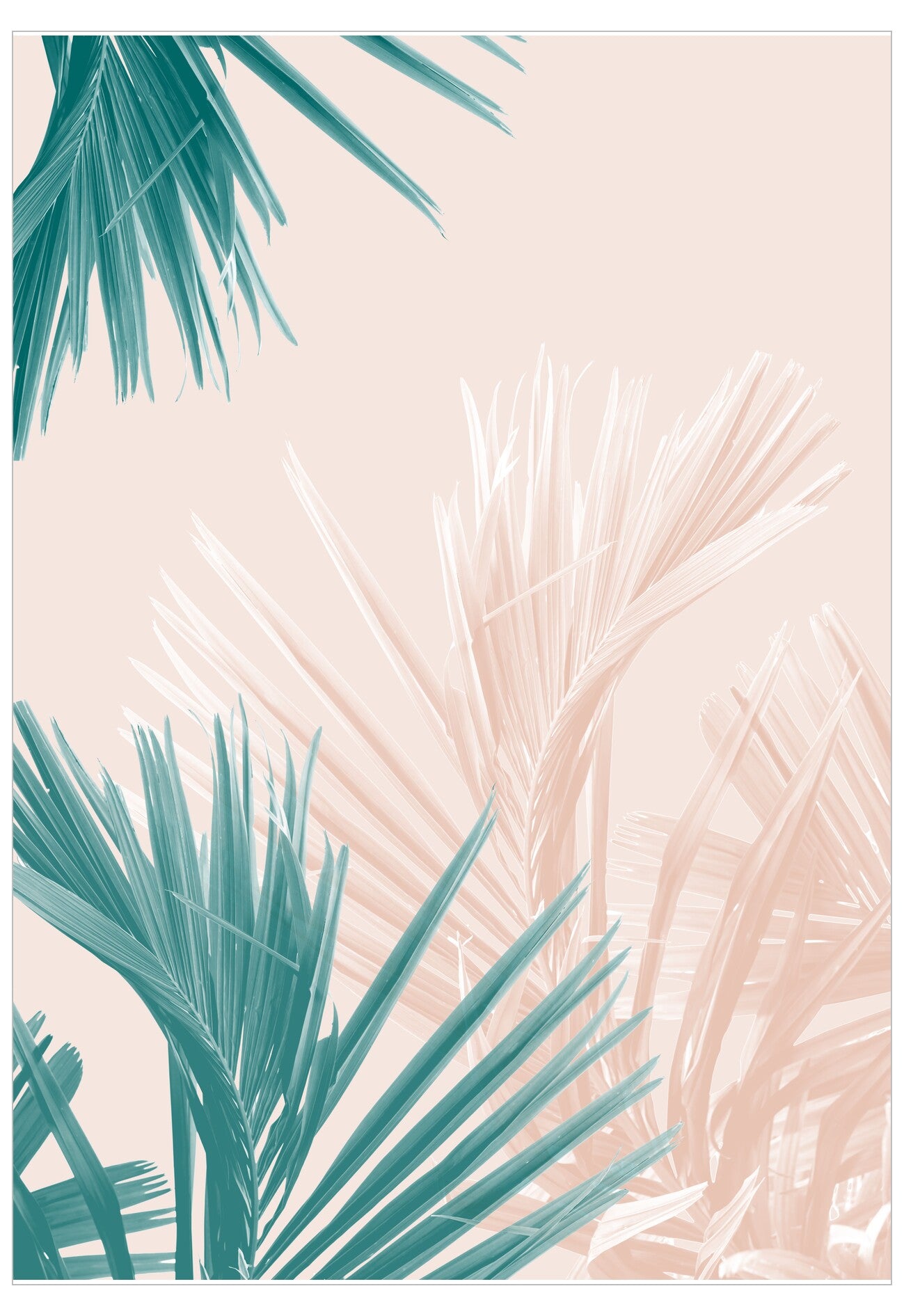 Tropical leaf design with green and white leaves on a light pink background