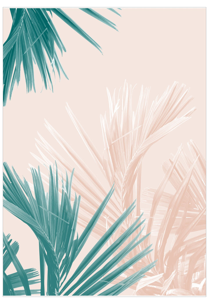 Tropical leaf design with green and white leaves on a light pink background
