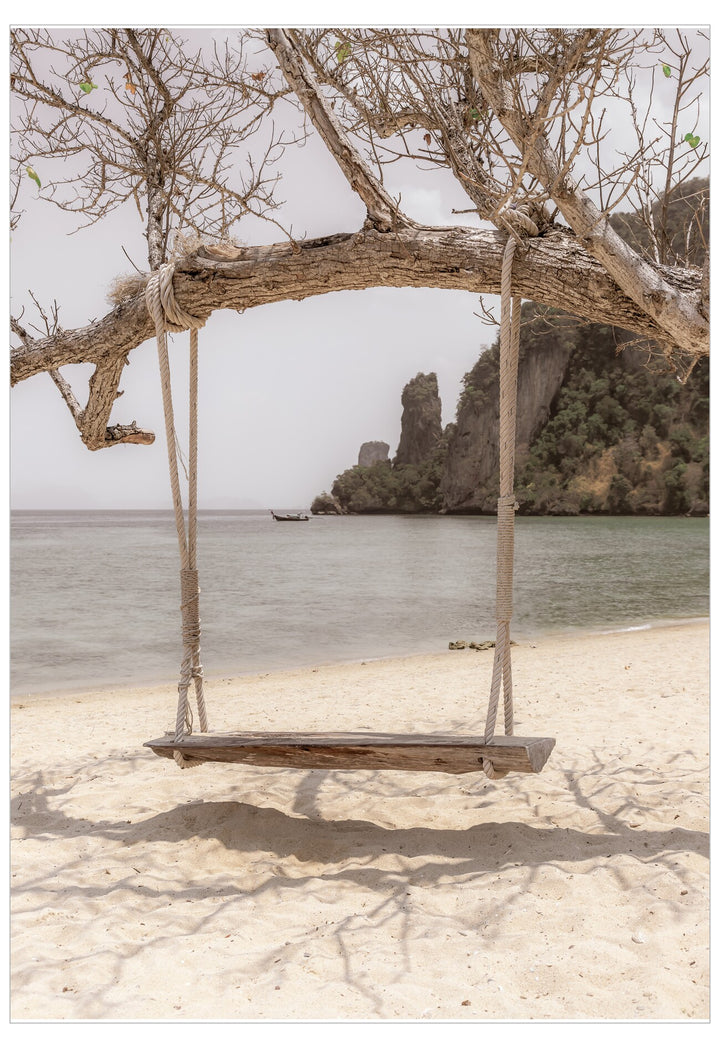 Wooden swing hanging from a tree on a sandy beach with ocean and rock formation in the background