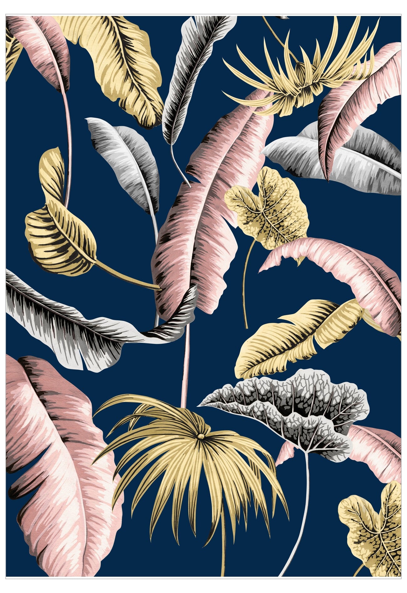 Tropical leaf pattern with pink, yellow, and gray leaves on a navy background