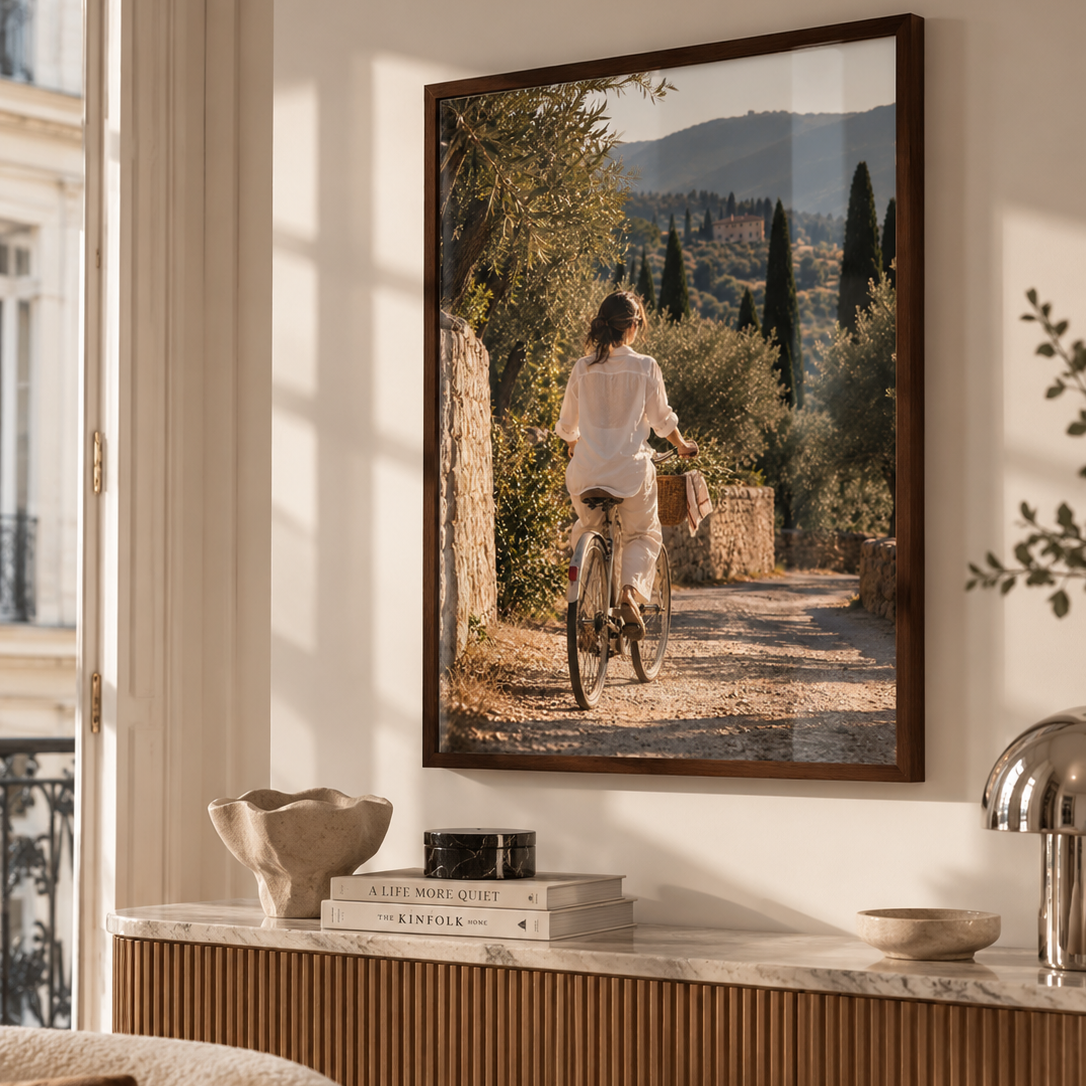 A framed vertical art print depicting a woman riding a bicycle down a sunlit stone path with olive trees and hills in the background, displayed on a wall above a console table in a modern, warm-toned living room.