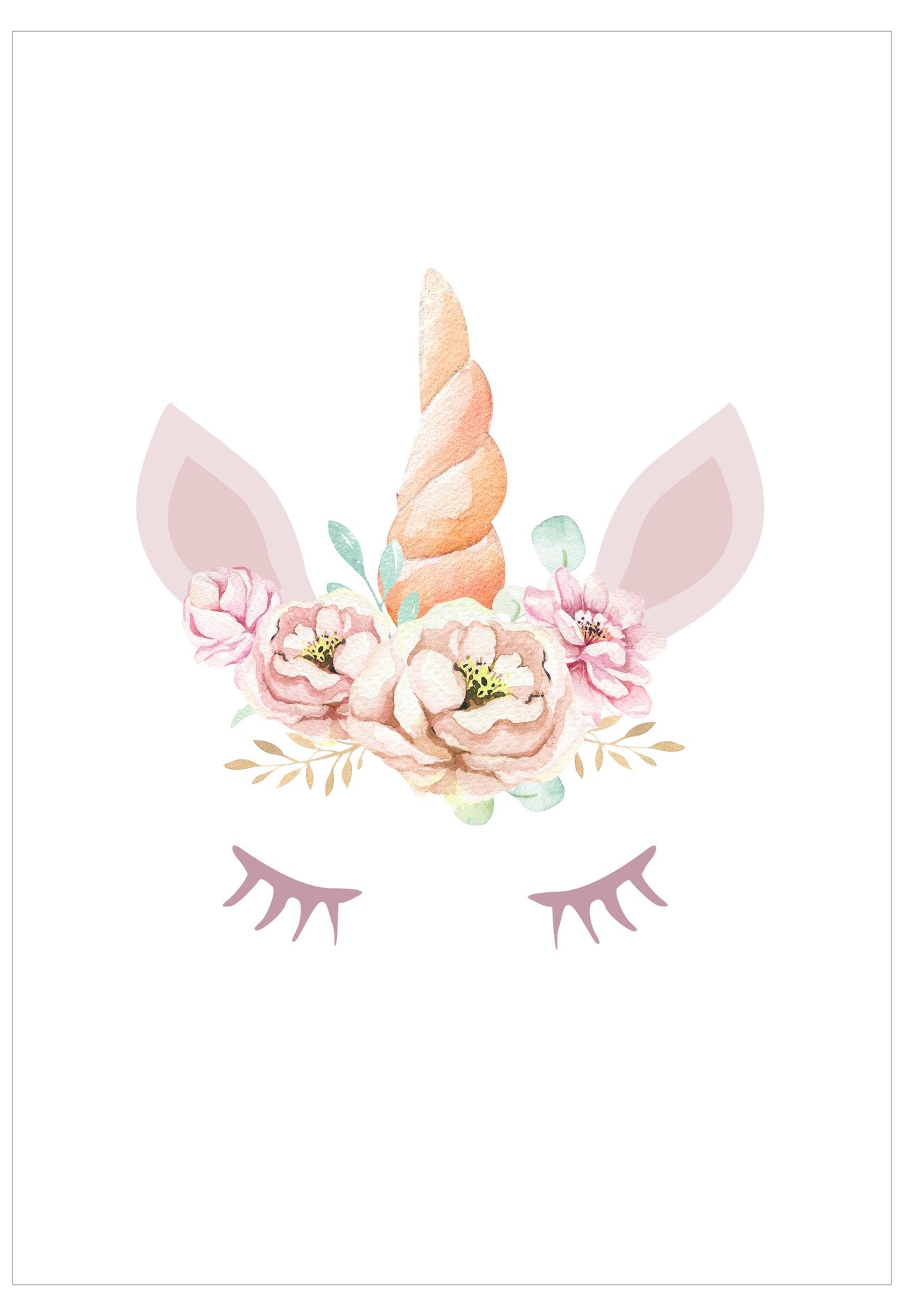 Floral design with unicorn horn and ears on a white background