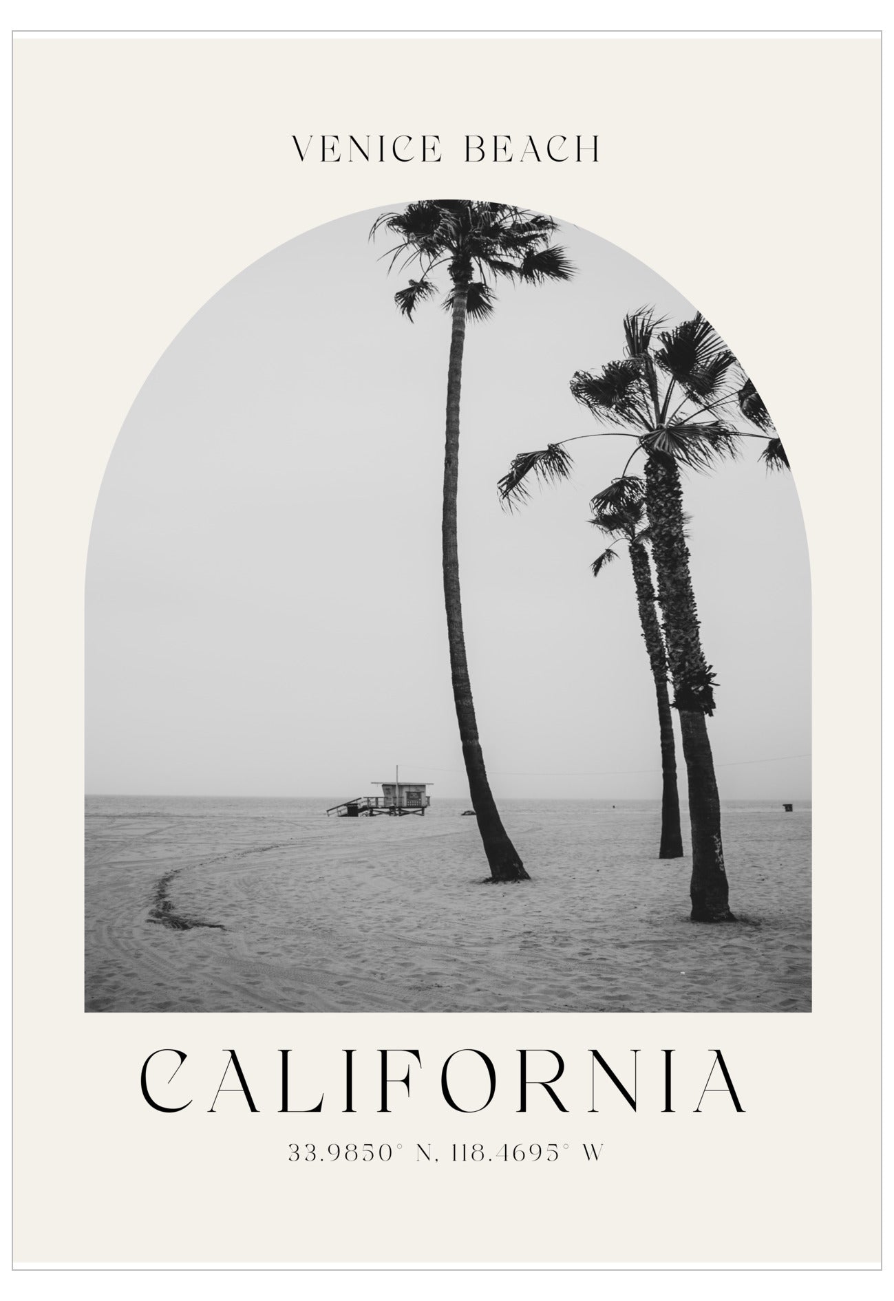 Black and white photo of palm trees on a beach with 'Venice Beach, California' text.