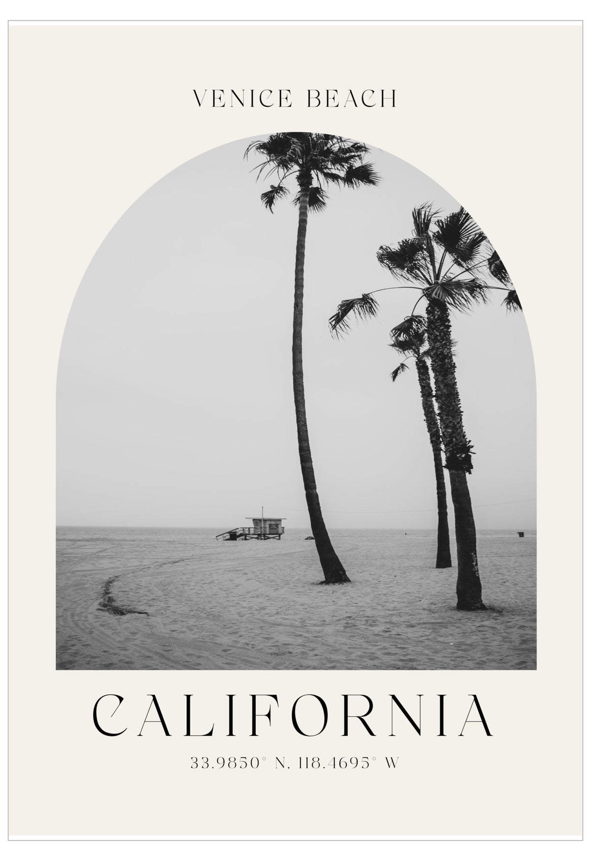 Black and white photo of palm trees on a beach with 'Venice Beach, California' text.