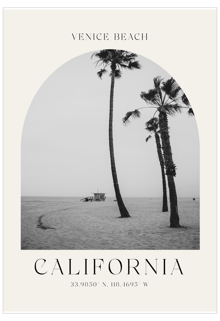 Black and white photo of palm trees on a beach with 'Venice Beach, California' text.