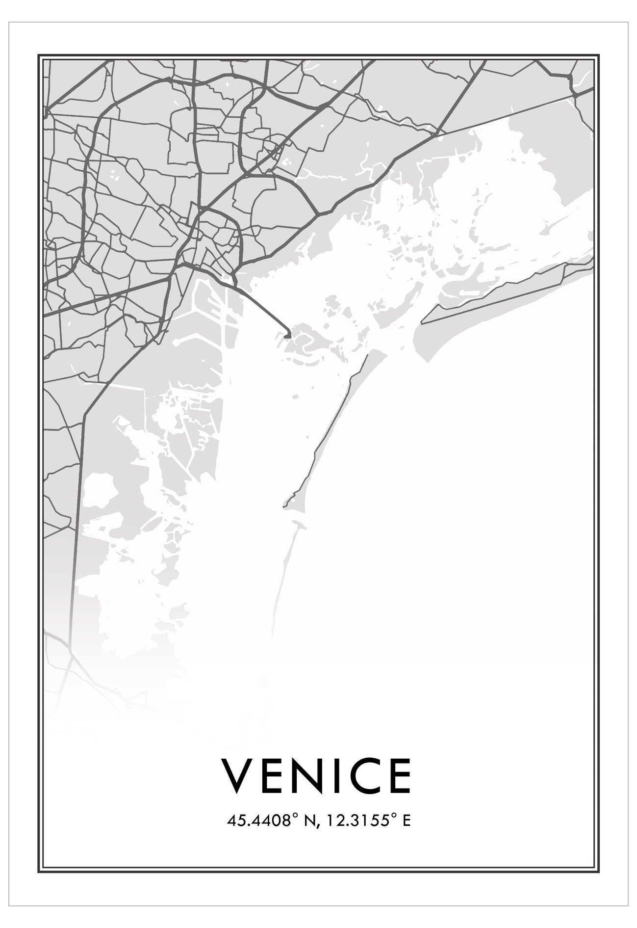 Black and white map of Venice with coordinates