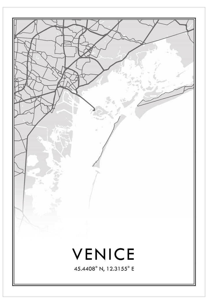 Black and white map of Venice with coordinates