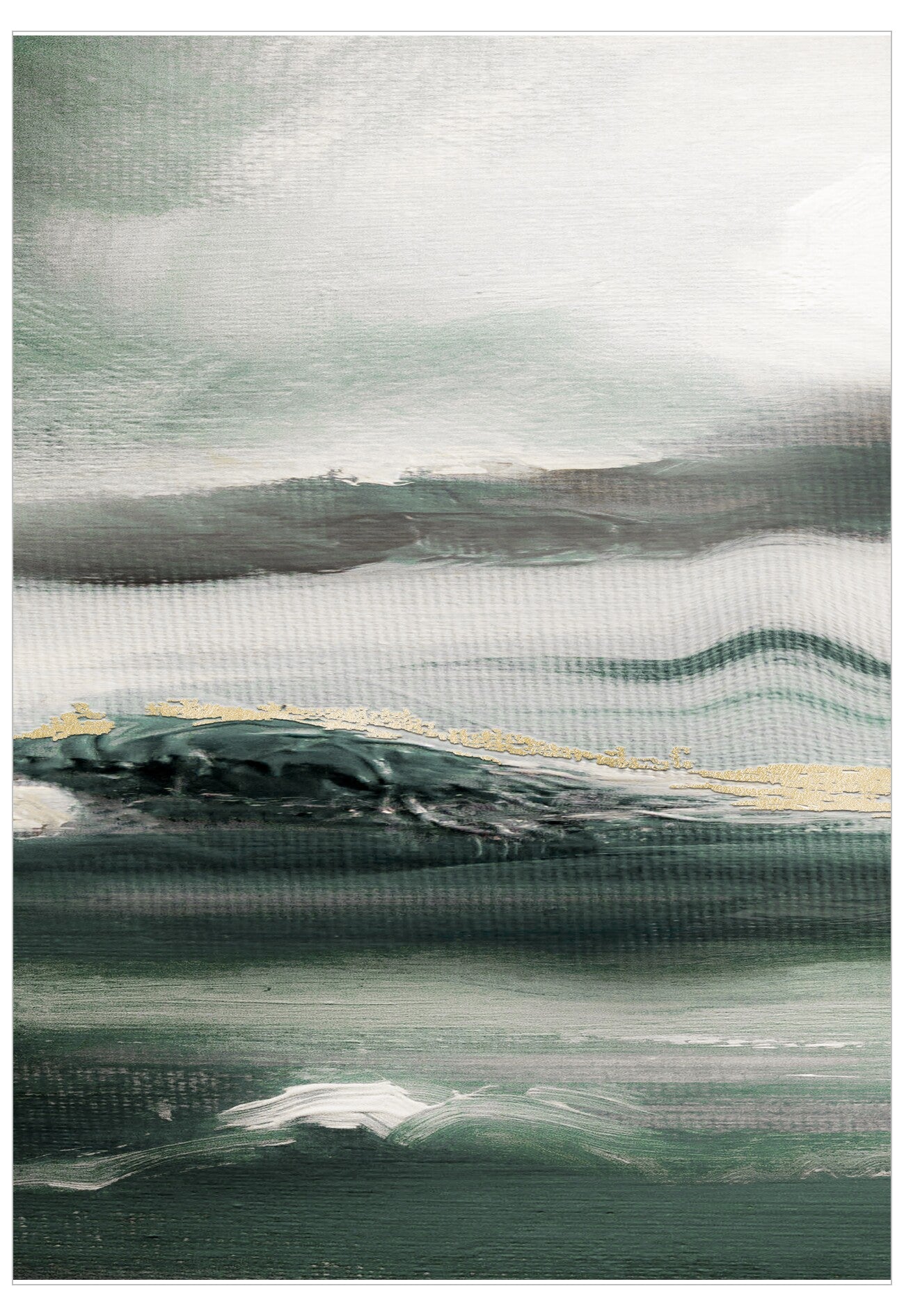 Abstract art piece with wavy patterns in green, gray, and white.