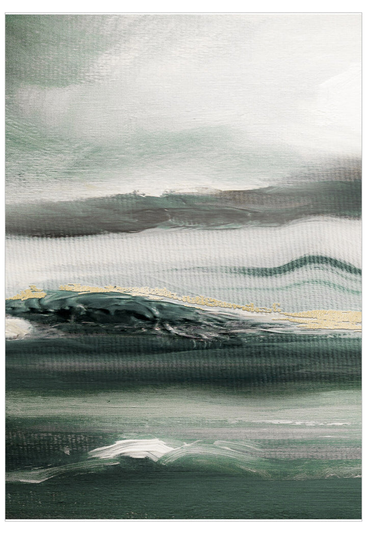 Abstract art piece with wavy patterns in green, gray, and white.