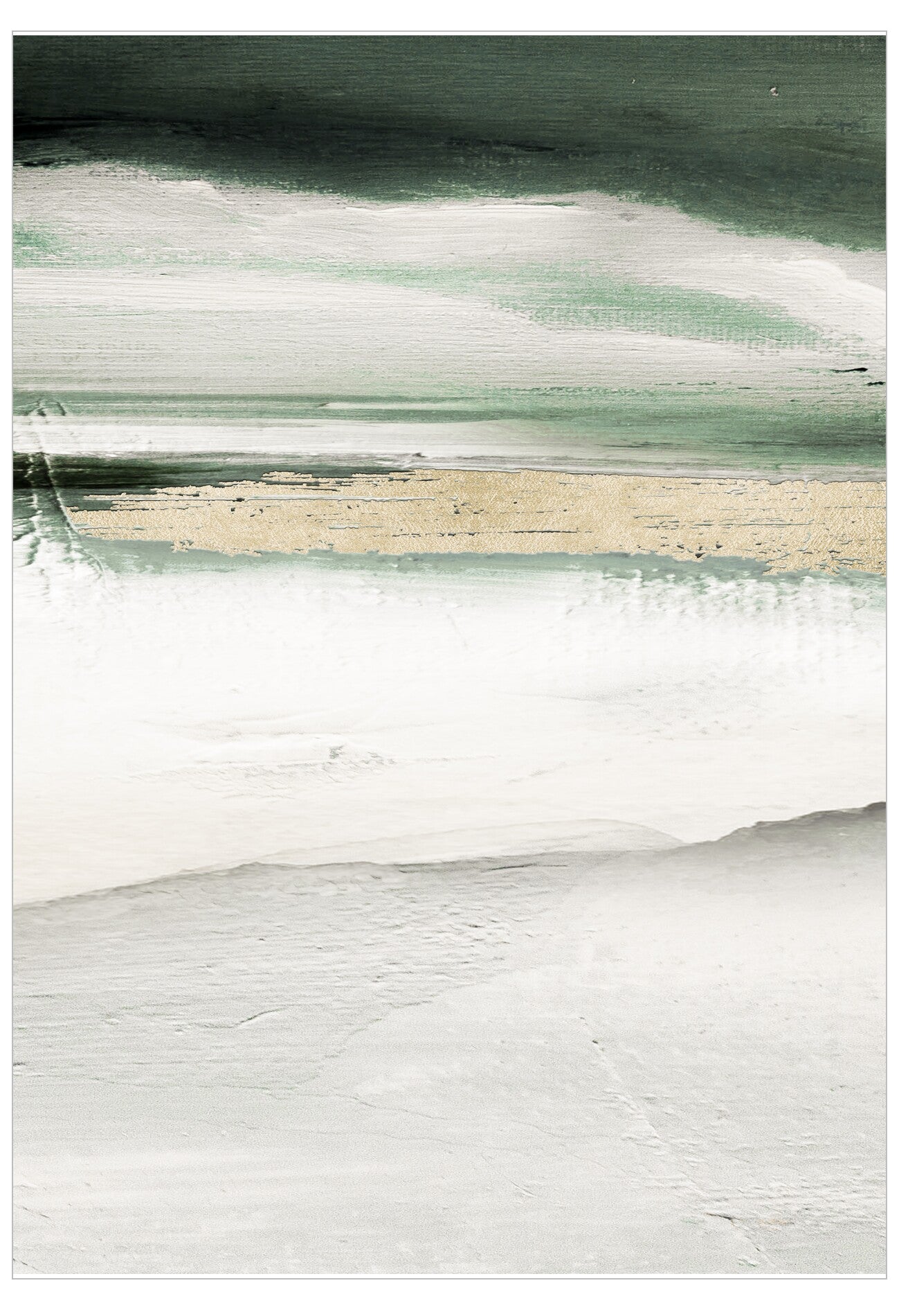 Abstract art with horizontal stripes in green, white, and beige.