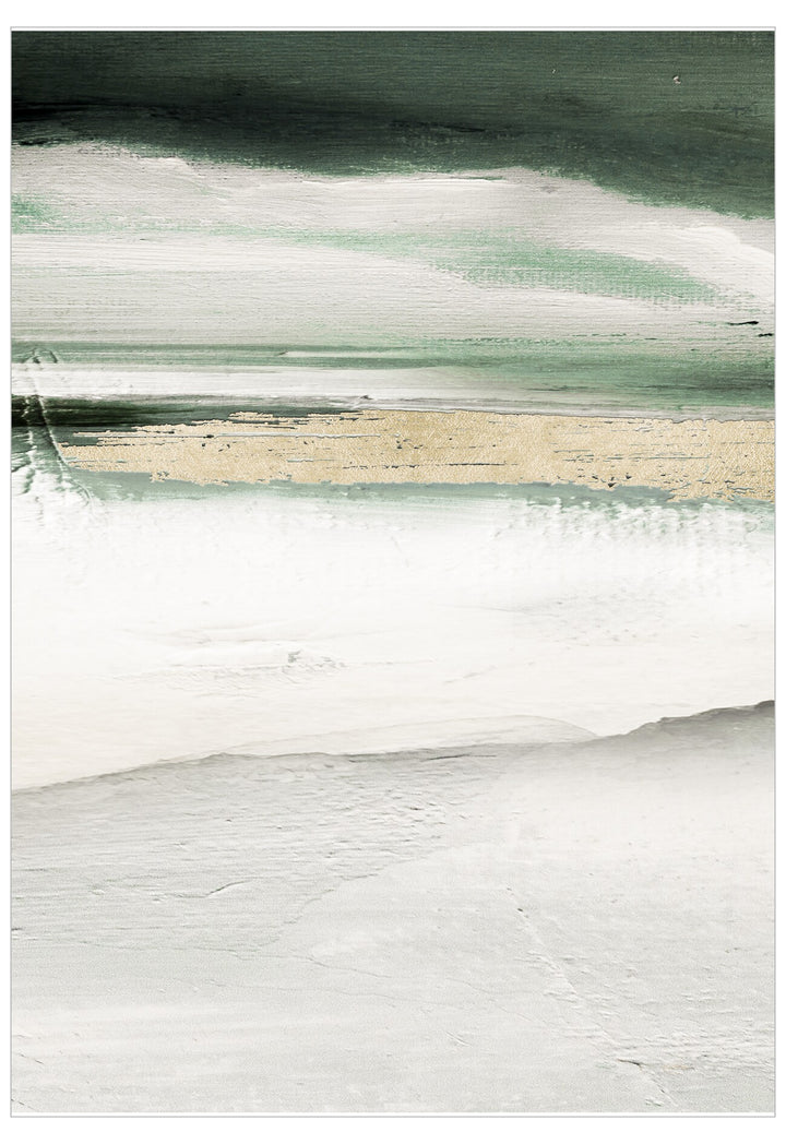 Abstract art with horizontal stripes in green, white, and beige.