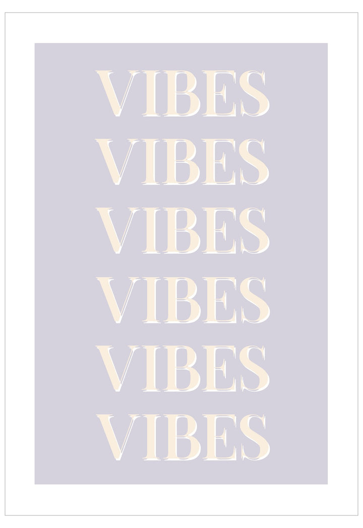 Repetition of the word 'VIBES' in white text on a light purple background