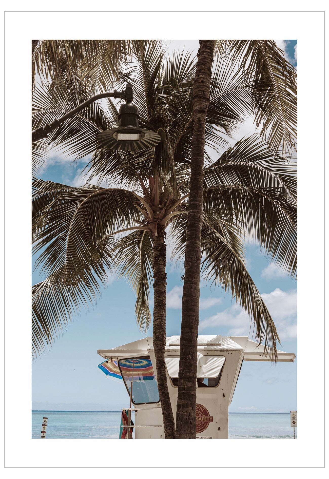 Palm trees with a lifeguard tower against a blue sky by the ocean.