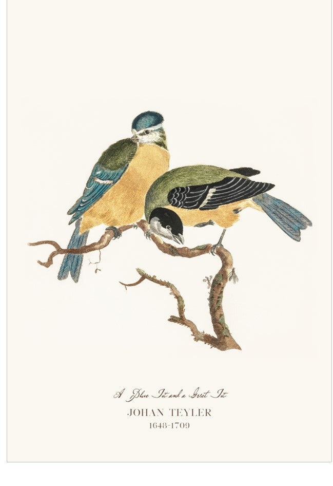 Illustration of two birds perched on a branch with text below on a white background