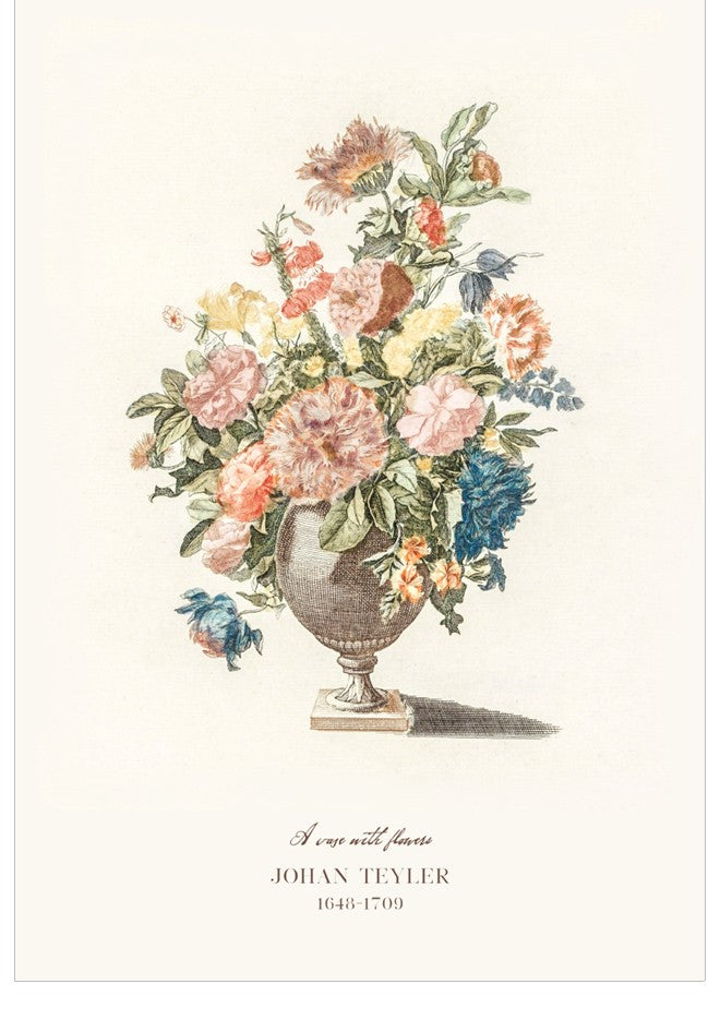 Decorative illustration of a floral arrangement in an urn with text below on a white background
