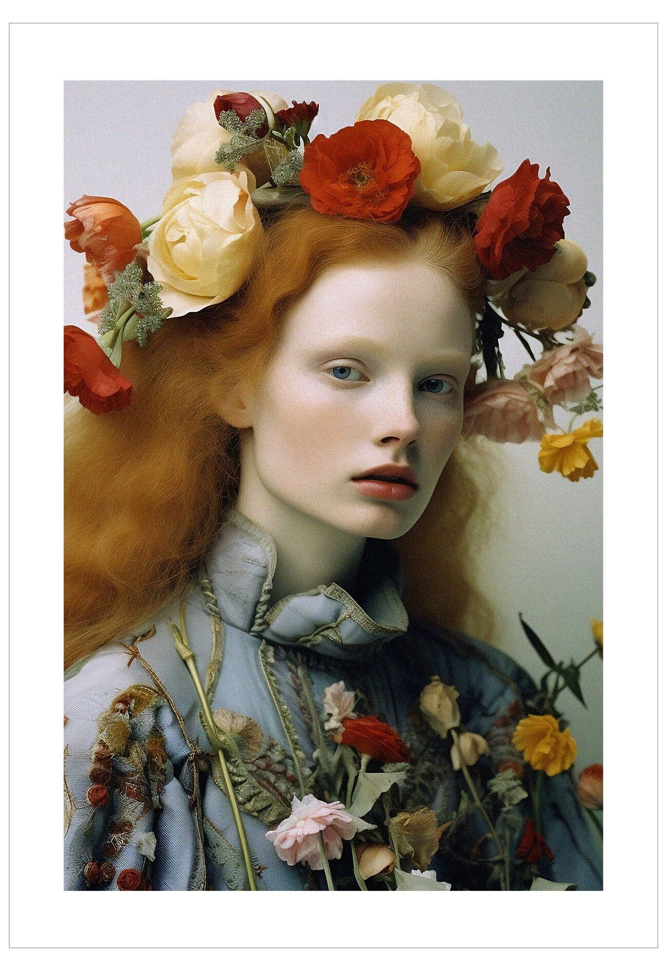 Woman with flowers in her hair and clothing against a light background