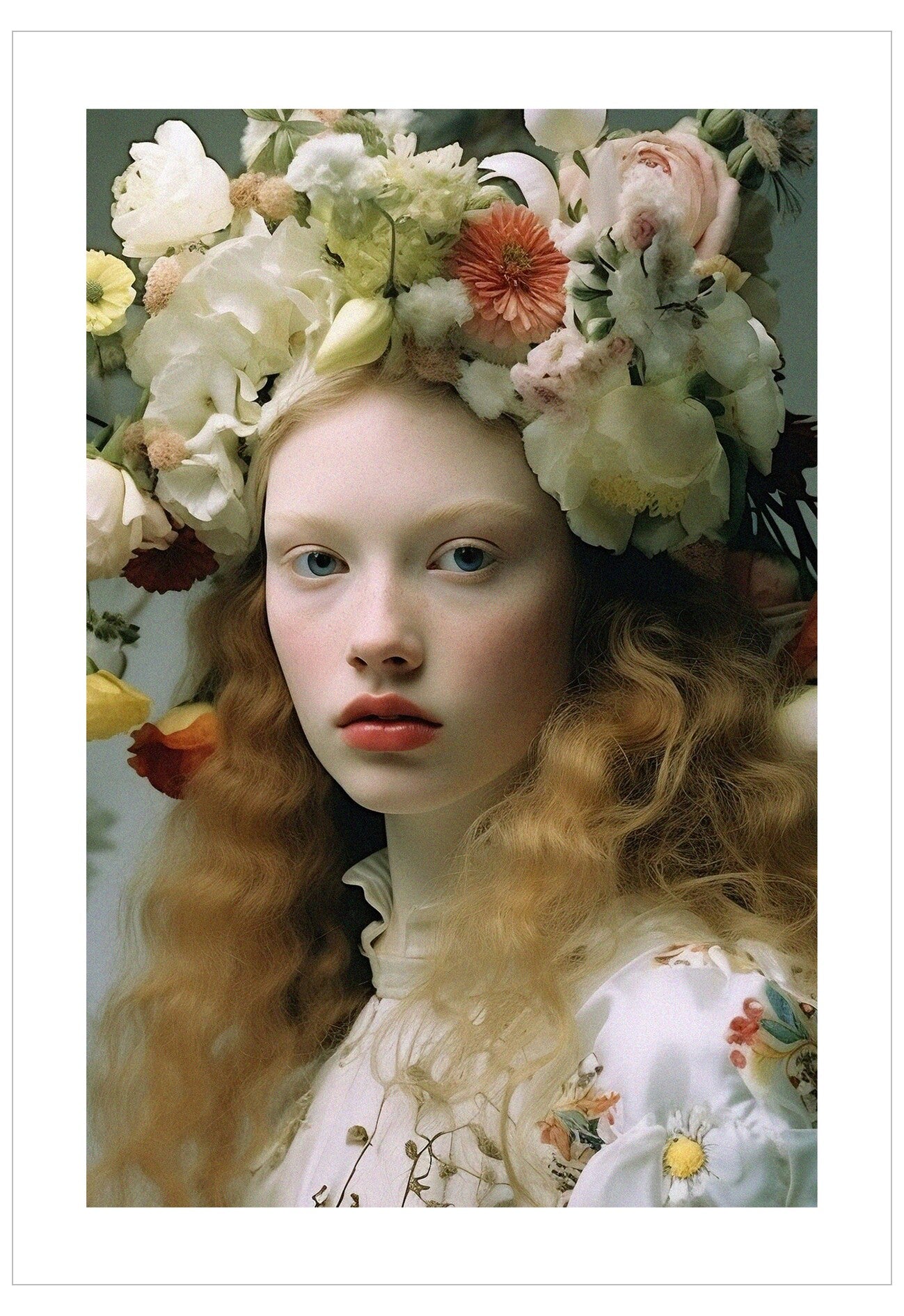 Woman with floral headpiece and dress, surrounded by flowers