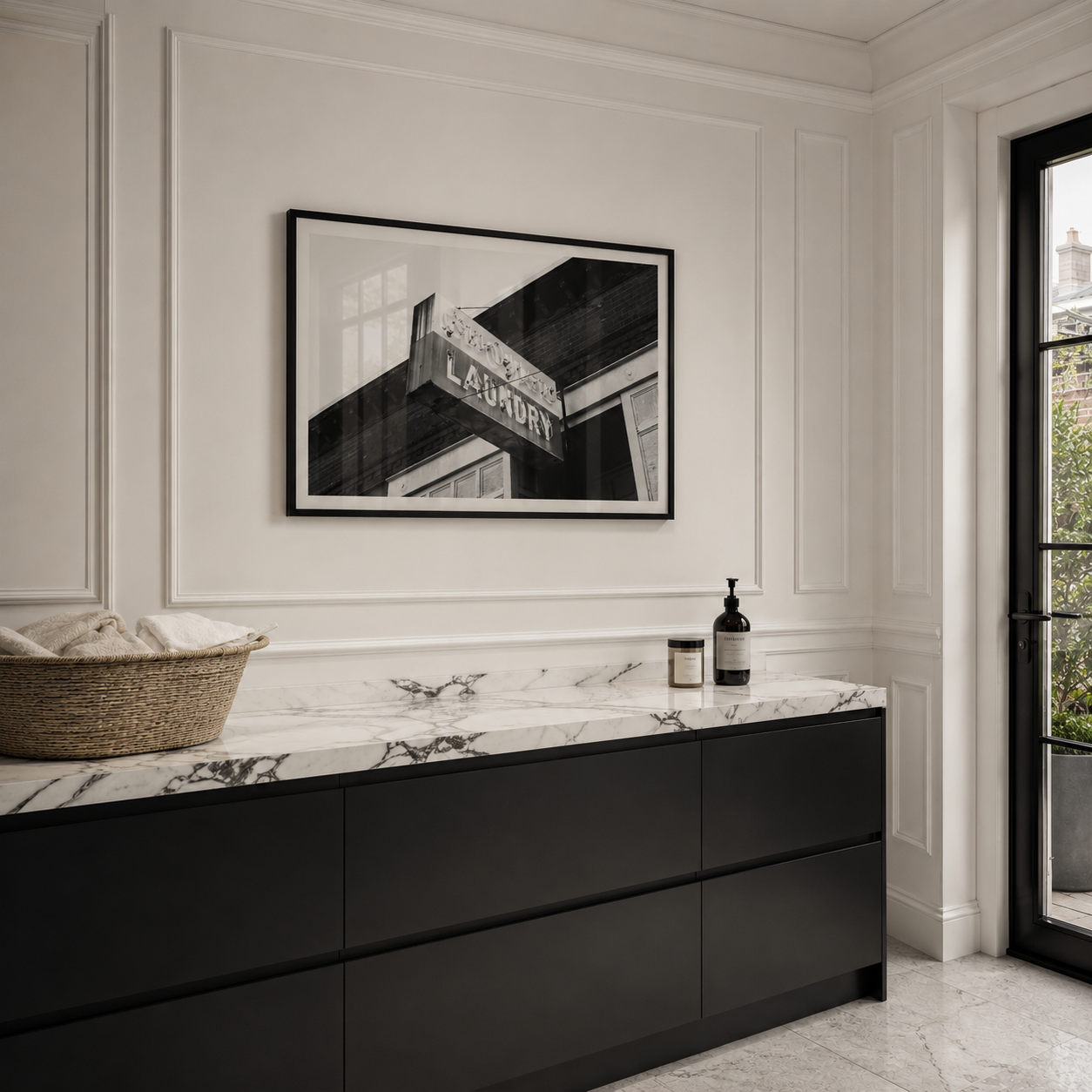 Modern bathroom with black vanity, marble countertop, and framed artwork on the wall.