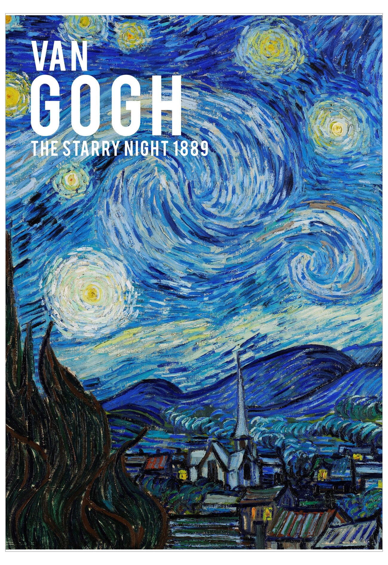 Poster of Van Gogh's 'The Starry Night' with a blue and yellow color scheme.