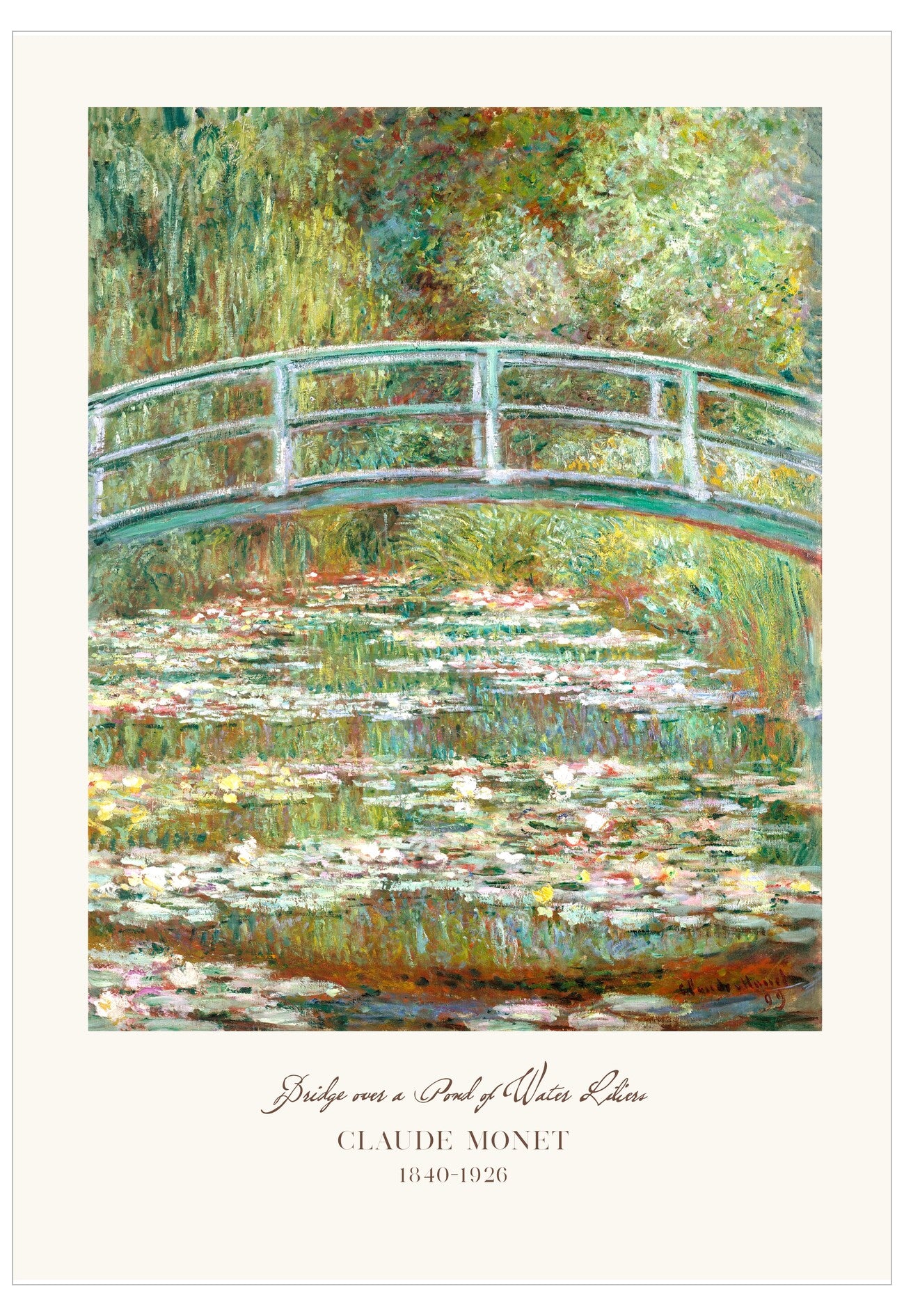 Painting of a bridge over water lilies by Claude Monet