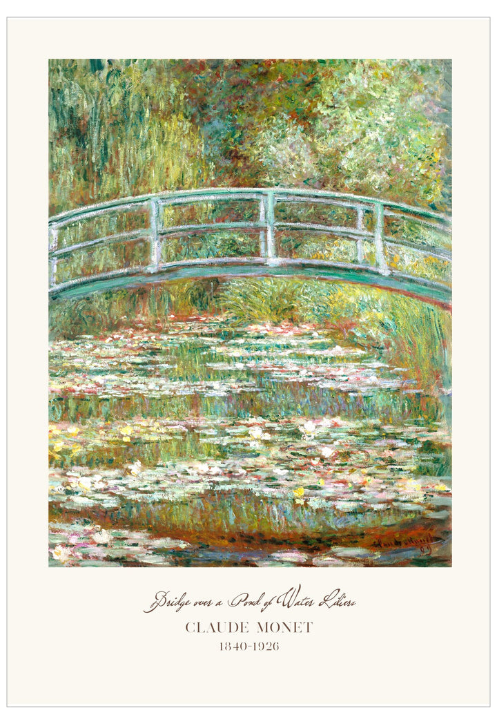 Painting of a bridge over water lilies by Claude Monet