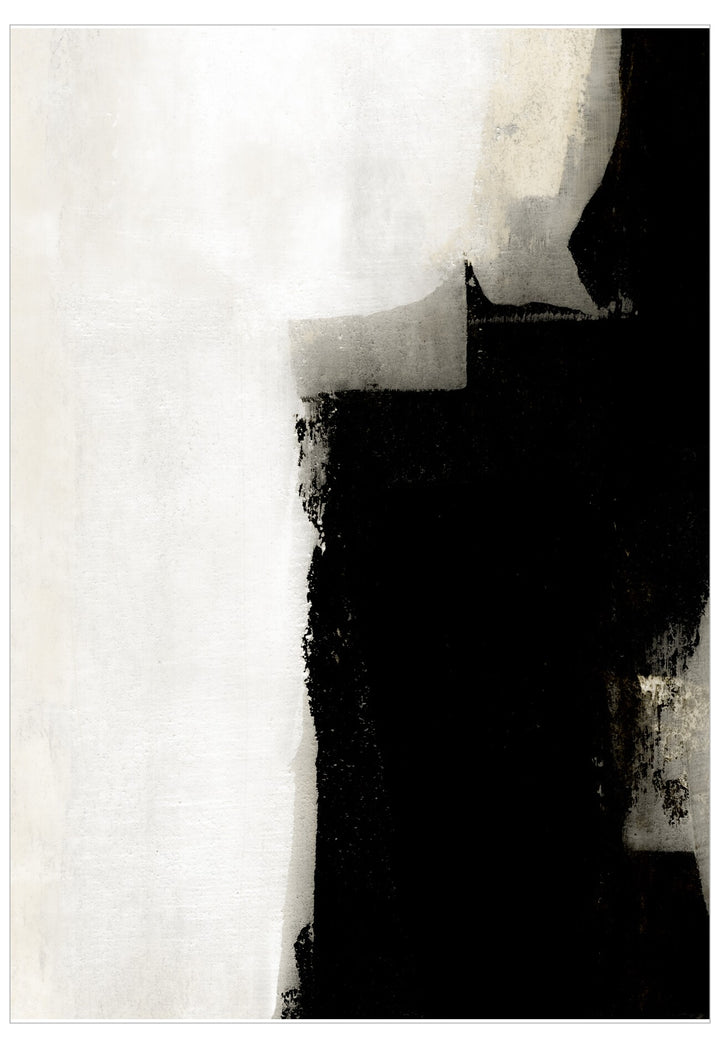 Black and white abstract art with textured shapes on a light background