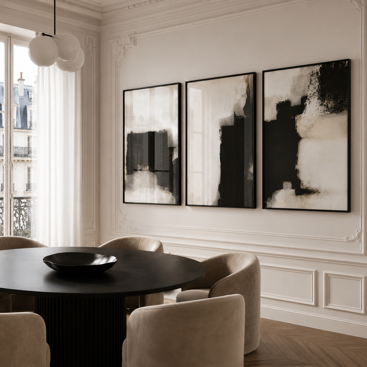 Modern dining room with abstract art on the wall