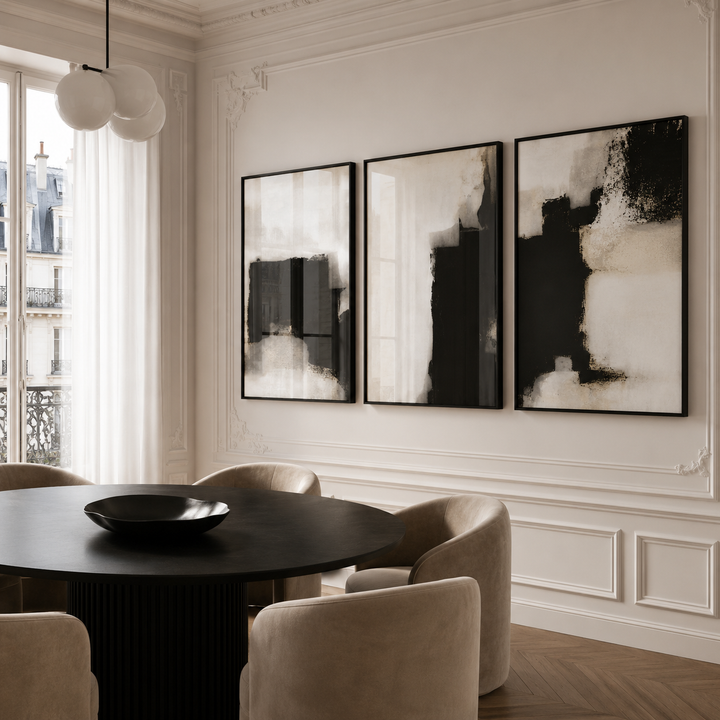 Modern dining room with abstract art on the wall