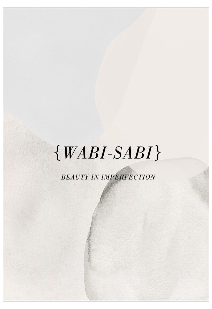 Text 'Wabi-Sabi: Beauty in Imperfection' with abstract white shapes on a light gray background