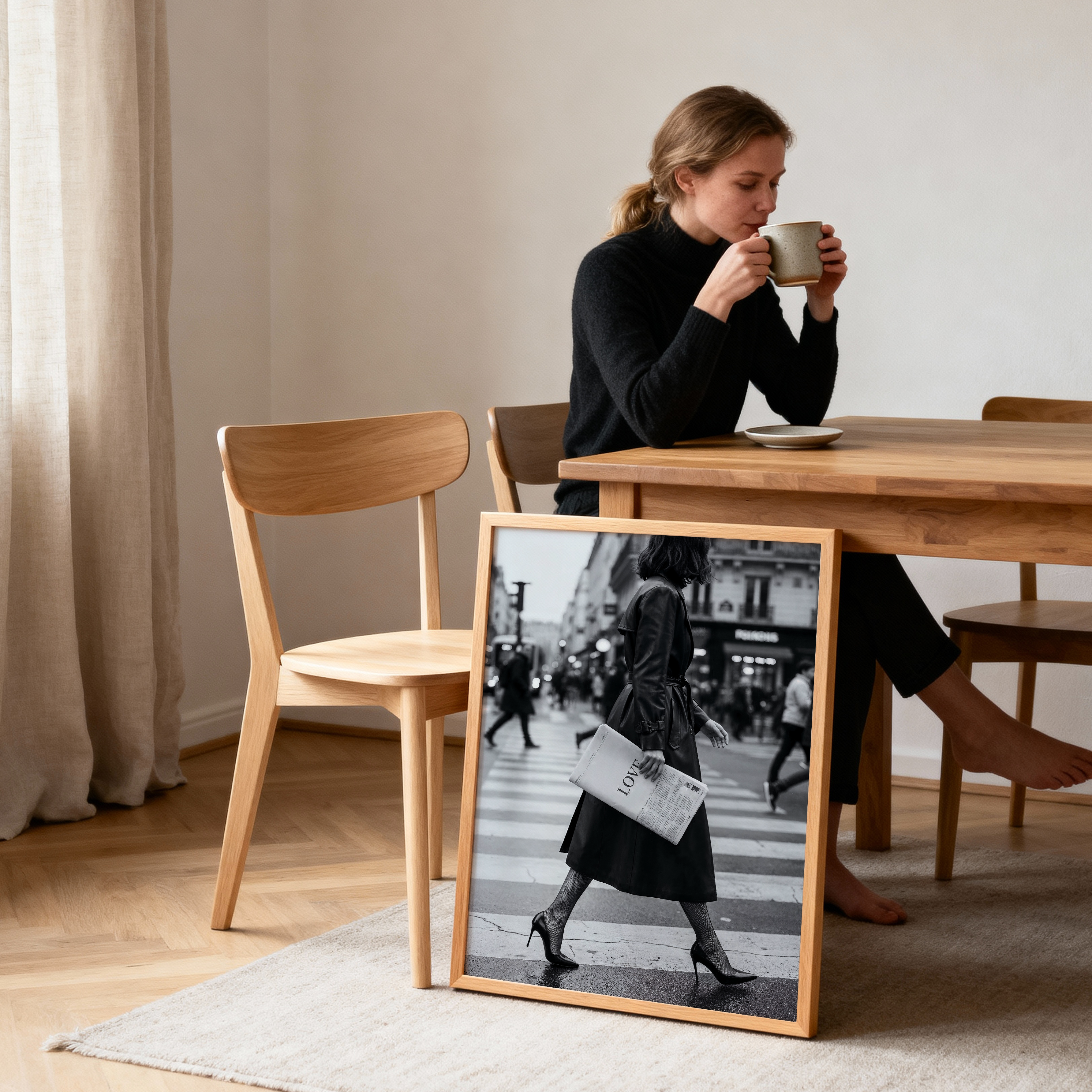 Framed print with motivational quote on a wooden floor in a sunlit room.