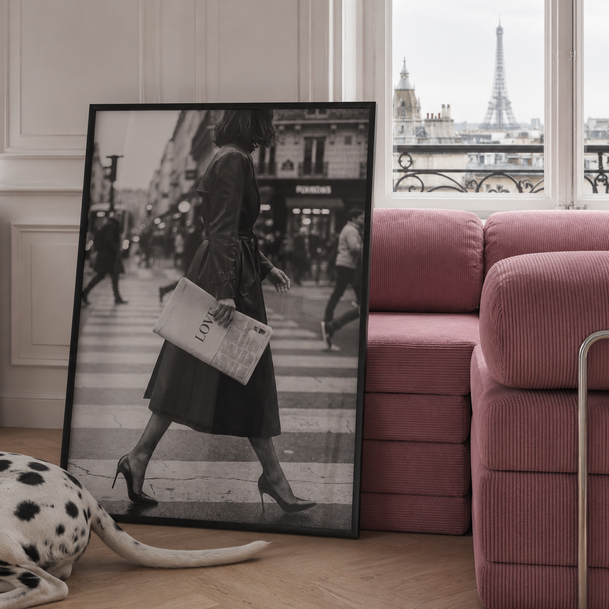 Framed black and white artwork of a woman crossing a street in Paris, displayed in a living room with a pink sofa and window view.